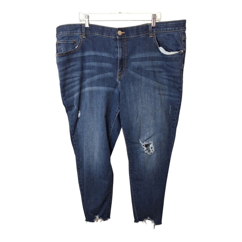 Venezia Women's 28 Dark Wash Distressed Stretch Jeans Rips Raw Hem 5 Pocket Blue